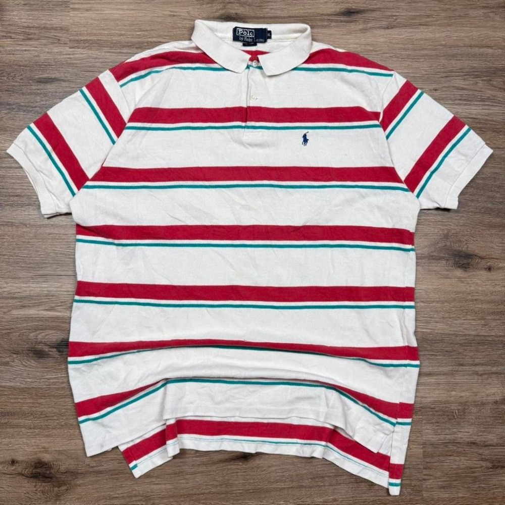 Vintage Polo Ralph Lauren White Red Teal Striped Polo Shirt Blue PonyMade in USA